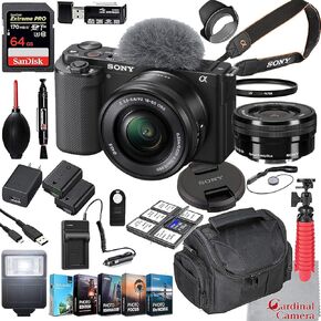 كاميرا Sony ZV-E10 المرآة مع عدسة 16-50 مم ILCZV-E10L/B (أسود) باقة + سرعة 64 جيجابايت + ملحقات