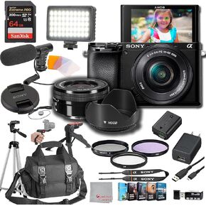 Sony a6100 Mirrorless Camera with 16-50mm Lens 64GB Extreem Speed Memory,Videl Microphone, LED Video Light, Case. Tripod, Filters, Hood, Grip, & Professional Video & Photo Editing Software Kit