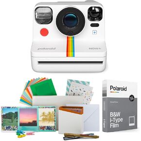 Polaroid Now 2nd Generation I-Type Instant Film Camera (White), Shoot and Print Bundle with Magnetic/Hanging Photo Frames and Black & White Film Instant Film (8 Exposures) (3 Items)