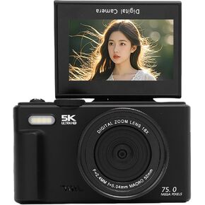 Yoidesu 5K 75MP Digital Camera 18X Zoom Camera with 3 Inch 180° Flip Screen WiFi AF Autofocus for Travel Vlogging Photography Webcam (Black)