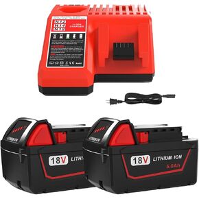 2 Pack 5.0Ah 18V Replacement Batteries and Charger for Milwaukee M18 Lithium Ion Battery, Compatible with Milwaukee Cordless Power Tools 48-11-1850 48-11-1860 Battery