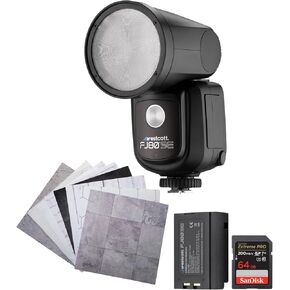 Westcott FJ80-SE M Universal Touchscreen 80Ws Speedlight On/Off-Camera Flash Compatible with Sony Bundle with 64 GB Memory Card, Photography Backdrop Boards, and Camera Flash Accessory (4 Items)
