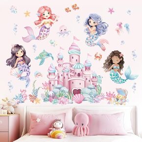 wondever Under The Sea Mermaid Castle Wall Stickers Ocean Creature Seaweed Bubble Peel and Stick Wall Art Decals for Girls Bedroom Baby Nursery Kids Bedroom