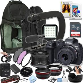 Canon EOS R7 32.5MP Mirrorless Camera with 18-45mm Lens, 64GB Ultra Memory Card, Video Light, Microphone, Filters, U-Grip, Case, Lenses, Software and More (Content Creator Bundle) (Renewed)