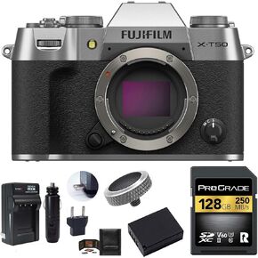 FUJIFILM X-T50 Mirrorless Camera Body Bundle, Includes: ProGrade Digital 128GB UHS-II SDXC Memory Card, Spare Battery and More (6 Items) (Silver)