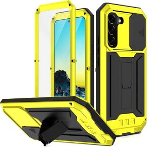 Samsung S22 Plus Case with Screen Camera Protector, Samsung S22 Plus Rugged Military Metal Heavy Duty Waterproof Case with Stand Screen Protector Slide Camera Cover for Man Outdoor (Yellow)