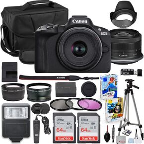 Canon EOS R50 Mirrorless Camera with 18-45mm Lens Bundle + 2X 64GB Memory Cards + Accessory Kit Including Shoulder Bag, Flash, Remote, Aux Lenses, Software & More