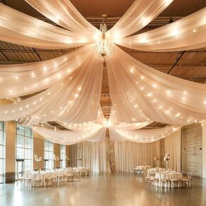 6 Panels White Ceiling Drapes with Lights String for Weddings Drapes 5ftx20ft Wedding Draping Fabric Sheer Curtains Tulle Ceiling Drapery Wedding Decorations for Home Party Ceremony Stage Swag
