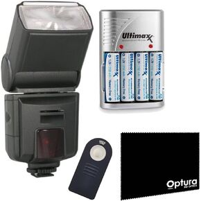 AF Auto Focus Flash for PENTAX Digital & SLR P-TTL Cameras + Wireless Shutter Release + 4 Port Rapid Charger with 4 AA 1.2V 3150mAh & OPTURA Microfiber Cloth