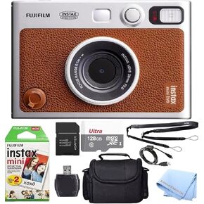Fujifilm Mini EVO Hybrid Camera (Brown) Instant Film Camera Bundle with 20 Instant Film Sheets + 128GB microSD Memory Card + Small Padded Case + SD Card Reader + Extreme Electronics Cloth