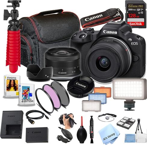 Canon EOS R50 24.2MP APS-C CMOS Sensor Camera بدون عدسة 18-45 مم ، ذاكرة السرعة المتطرفة 128 جيجابايت ، ضوء الفيديو ، المرشحات ، العلبة ، البرمجيات والمزيد (حزمة أساسية) (متجددة) ، أسود in Saudi Arabia