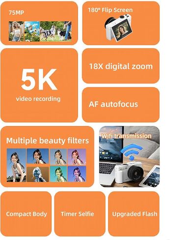 Yoidesu 5K 75MP كاميرا رقمية 18x ZOOM مع 3 بوصة 180 ° شاشة WIFI AF AUTOFOCUS لسفر فوتوغرافي كاميرا ويب (أسود) in Kuwait