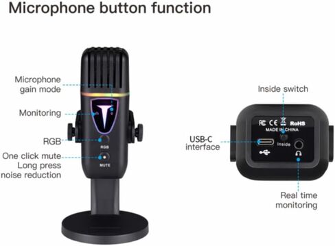 microphone USB RGB مع ميكروفون ألعاب ملونة ملونة للكمبيوتر للكمبيوتر كمبيوتر حاشية تسجيل الضوضاء إلغاء ميكروفون المكثف (M8 ، مجموعة حامل الميكروفون) in Saudi Arabia
