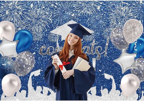 7 × 5 قدم من البوليستر النسيج الأزرق والفضي التخرج الفوتوغرافي فئة الخلفية من 2025 خلفية البكالوريوس قبعة البالون لخريج تهانينا حفلة الحفلة الحفلة استوديو صورة لافتة الصورة in Kuwait