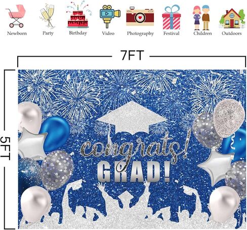 7 × 5 قدم من البوليستر النسيج الأزرق والفضي التخرج الفوتوغرافي فئة الخلفية من 2025 خلفية البكالوريوس قبعة البالون لخريج تهانينا حفلة الحفلة الحفلة استوديو صورة لافتة الصورة in Kuwait