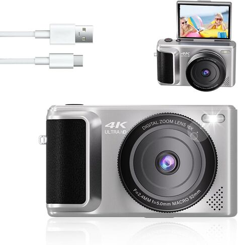كاميرا رقمية 4K ، كاميرات رقمية للتصوير الفوتوغرافي ، كاميرا مضغوطة للتكبير الرقمية 18x ، كاميرا Vlogging 64 ميجابكسل من أجل YouTube ، كاميرا فيديو ضبط تلقائيًا 2.8 بوصة 180 درجة للمبتدئين للمبتدئين in Kuwait