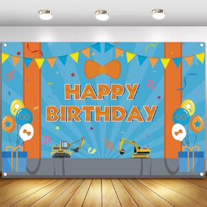 Cartoon Orange Blue Theme Happy Birthday Photography Backdrop, 5x3ft Background Photo Booth Banner Props for Kids Girls Boys Birthday Baby Shower Holiday Party Decorations Supplies
