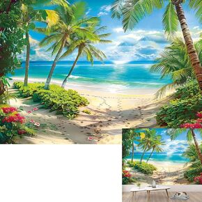 BINQOO Summer Tropical Beach Backdrop Seaside Sand Beach Palm Trees Background Summer Hawaii Island Landscape Birthday Wedding Party Portrait Photo Props (7x5FT)
