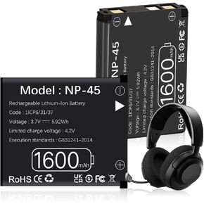 (2 Pack) Battery for Fujifilm NP-45A, NP-45B, NP-45S, 2025 New Upgrade 1600mAh High Capacity Battery for Fujifilm FinePix XP20, Compatible with Arctis Nova Pro Wireless Multi-System Gaming Headset