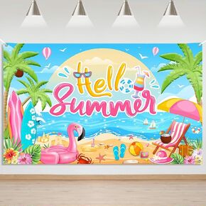 Mocsicka Hello Summer Backdrop Banner Summer Hawaiian Beach Backdrop Pink Tropical Surfboard Photography Background Summer Beach Party Decorations