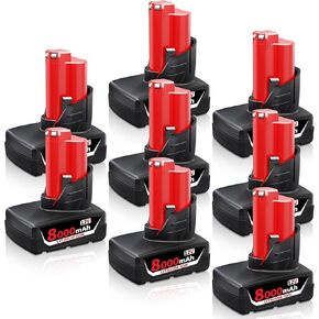 6 Pack 12V 8.0Ah Replacement for Milw M-12 Battery, 8000 mAh Li-ion Replacement Batteries for Milw 12V Tools Battery Packs 48-11-2420, 48-11-2401, 48-11-2411, 48-11-2402