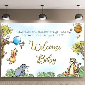 Welcome Baby Winnie Vintage Bear Backdrop – 57×37 Inches Baby Shower Background for Boys, Cute Newborn Party Decorations