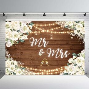 Mehofond 7x5ft الأزهار البيضاء MR & MRS زخارف المشاركة الخلفية الأزواج الزفاف الخلفية الخشبية والعروس والعريس المشاركة الذكرى السنوية اللوازم حفلات الدش الزفاف