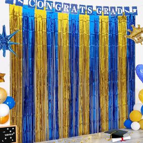 Blue and Gold Fringe Backdrop for Parties 2 Pack 3.2x6.6 Feet Blue Fringe Backdrop Birthday Party Supplies Tinsel Streamer Curtains Backdrops Graduation Party Decorations Graduation Decorations 2025