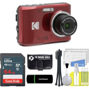 Kodak PIXPRO FZ45 16MP Digital Camera 4X Optical Zoom 27mm Wide Angle 1080P Full HD Video 2.7" LCD Camera (Red) + 64GB Card and Reader + Memory Wallet + Tripod + Cleaning Bundle