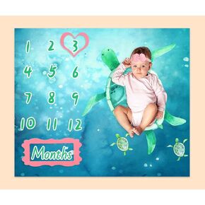 Baby Monthly Milestone Blanket, Sea Animal Turtle Underwater World Growth Chart Blanket Baby Pictures, 48"x40" Photography Backdrop 1 to 12 Months Include 4 Frames, 1 Headband, BTXTPH344