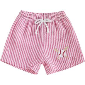 Toddler Boy Girl Seersucker Shorts Golf Cart/Tractor/Football/Baseball Embroidery Boxer Shorts Striped Linen Bottoms