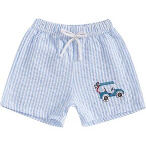 Toddler Boy Girl Seersucker Shorts Golf Cart/Tractor/Football/Baseball Embroidery Boxer Shorts Striped Linen Bottoms in Kuwait