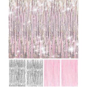 Pink Party Backdrop Decorations - 4 Pack Pastel Pink and Silver Foil Fringe Curtains for Birthday Bachelorette Graduation Party Decorations