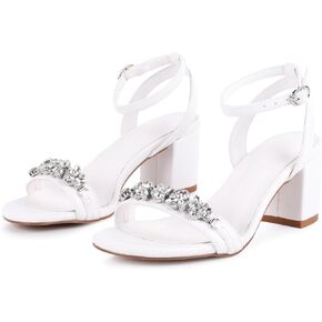 Rhinestone Heeled Sandals For Women Trendy Chunky Block Heel Strappy Sparkly Sandal With Ankle Strap Round Peep Toe Comfort Summer Shoes For Dating Wedding Dressy