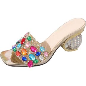 Women'S Colorful Rhinestone Slip-On Low Heel Sandals Sexy Square Open Toe Shiny Party Nightclub Non-Slip High Heel Slippers