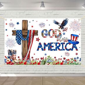 God Bless America Banner Backdrop Patriotic Red White & Blue 4th of July Backdrop Party Decorations for Independence Day Memorial Day Cross Jesus Photography Background Photo Shoot Studio Props