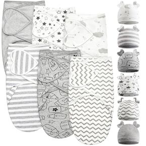 Ramede 6 Pack Baby Swaddle Blanket with Hats Sleep Swaddle for 0-3 Months Newborn Sacks Soft Cotton Wearable for Boy Girl(Grey,Heart)