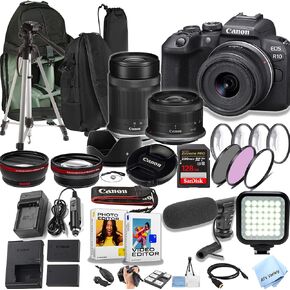 Canon EOS R10 24.2MP APS-C CMOS SESSOR CAMERING LIRRRORING مع 18-45 مم و 55-210 مم قنينة + حزمة خلفية حبال + 128GB بطاقة الذاكرة + ضوء الفيديو + ميكروفون + المزيد (حزمة الفيديو الاحترافية) (متجددة) ، أسود) ، أسود