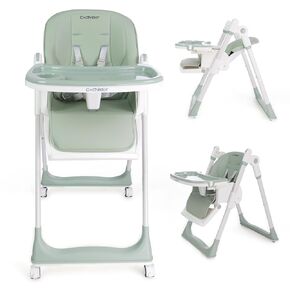 3-in-1 Foldable High Chair for Babies & Toddlers – Adjustable Height, Reclining Seat, 5-Point Safety Harness, Removable Tray, Lockable Wheels, Washable Cushion – Portable & Easy Clean, Grey