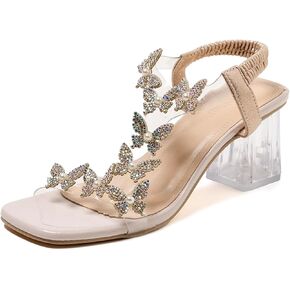 Lymphvity Women's Rhinestone Butterfly Clear Block Heel Sandals Open Toe Elastic Ankle Strap Chunky Heel Dress Shoes Square Toe Heels Party Wedding Sandal Shoes