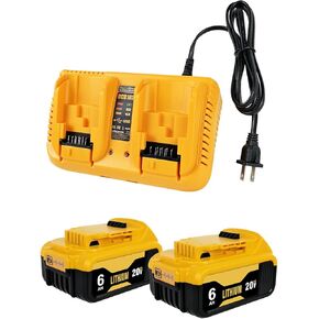 2-Pack 6.0Ah Replacement Baterias for Dewalt 20V Max Battery and Charger Combo with DCB102 Dual-Port Battery Charger Fit All 12V/14.4V/20V OEM Batteries