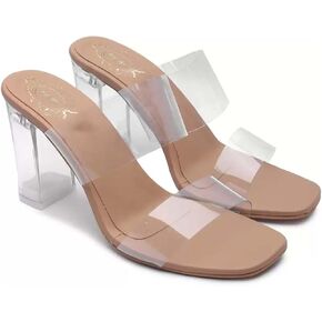 StylestryUS Women's Clear Two Strap Open Toe High Block Chunky Slip on Dress Heel Sandals