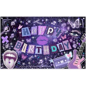 72x43inch Fabric Happy Birthday Backdrop Purple Giltter Starry Sky Butterfly Guitar Photography Background Music Festival Women Party Decorations Photo Props