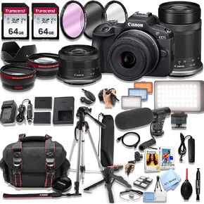 Canon EOS R100 Mirrorless Camera18-45mm و 55-210mm Lenses + 128GB الذاكرة ، مصباح LED ، الميكروفون ، البطارية الاحتياطية ، المرشحات ، العلبة ، ثلاثي القوائم ، فلاش ، والمزيد (حزمة فيديو 43 ٪) (متجددة)