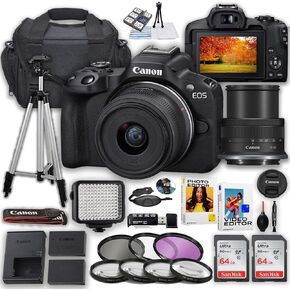 Canon EOS R50 Mirrorless Camera with 18-45mm Lens + LED Light + Extra Battery + 2pc 64GB Memory Cards, Case, Filters, Tripod & More (Renewed)
