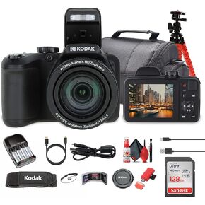Kodak Pixpro AZ405 Digital Camera in Black (AZ405BK) Bundle Including: 128 GB Memory Card, Rechargeable Batteries, Case, Flexible Tripod, Neck Strap, Lens Caps, Full Cleaning Kit, More Accessories