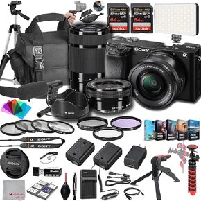 Sony a6100 Mirrorless Camera with 16-50mm + 55-210mm Lenses, 128GB Extreem Memory,.43 Wide Angle & 2X Lenses, Case. Tripod, Filters, Hood, Spare Battery & Charger, Editing Software Kit -Deluxe Bundle