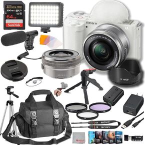 Sony ZV-E10 Mirrorless Camera with 16-50mm Lens 64GB Extreem Speed Memory,Video Microphone, LED Video Light, Case. Tripod, Filters, & Professional Video & Photo Editing Software Kit (White)