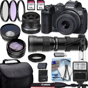 Canon EOS R7 4K Video Recording Mirrorless Camera with 18-45mm and 420-800mm f/8.3 HD Telephoto Zoom Lenses + 128GB Memory + Deluxe Accessory Bundle, Black (Renewed)