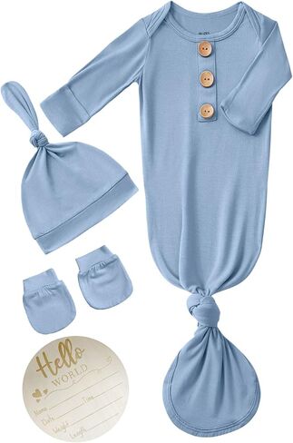 Newborn Baby Knotted Gown Headband/Hat Set Clothes Bamboo Viscose Sleep Gown with Announcement Sign in Kuwait